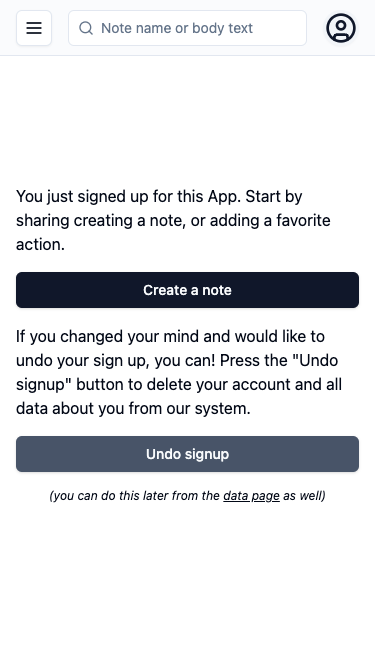 Preview of the undo sign up screen.