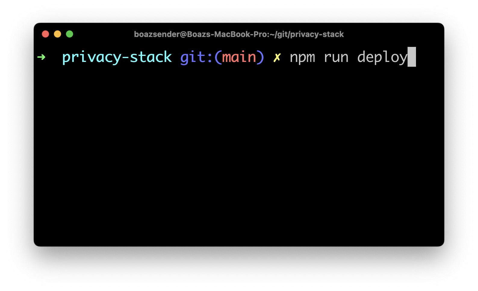 screenshot of a terminal window with the command npm run deploy typed in